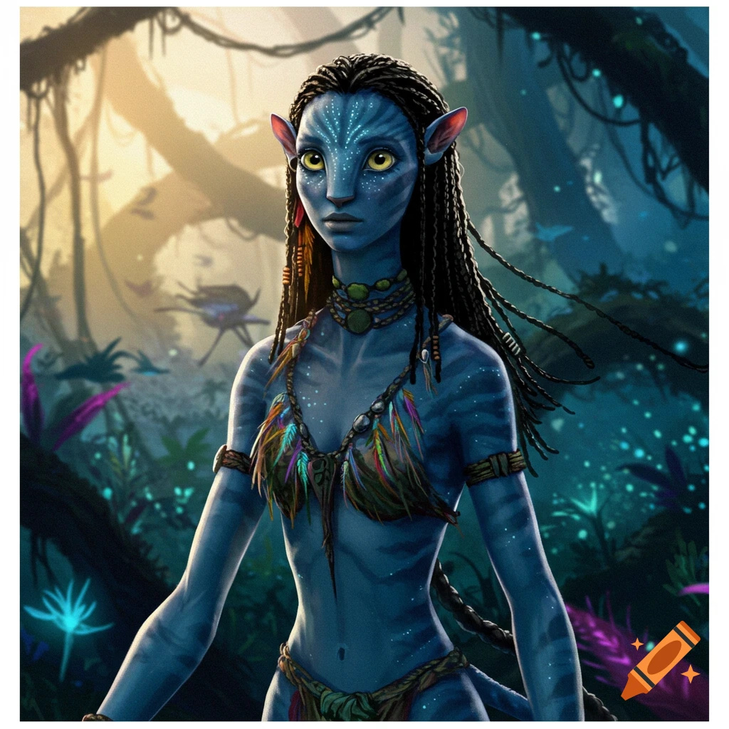 A blue-skinned Na'vi character with yellow eyes and braided hair stands in a vibrant, glowing jungle environment.