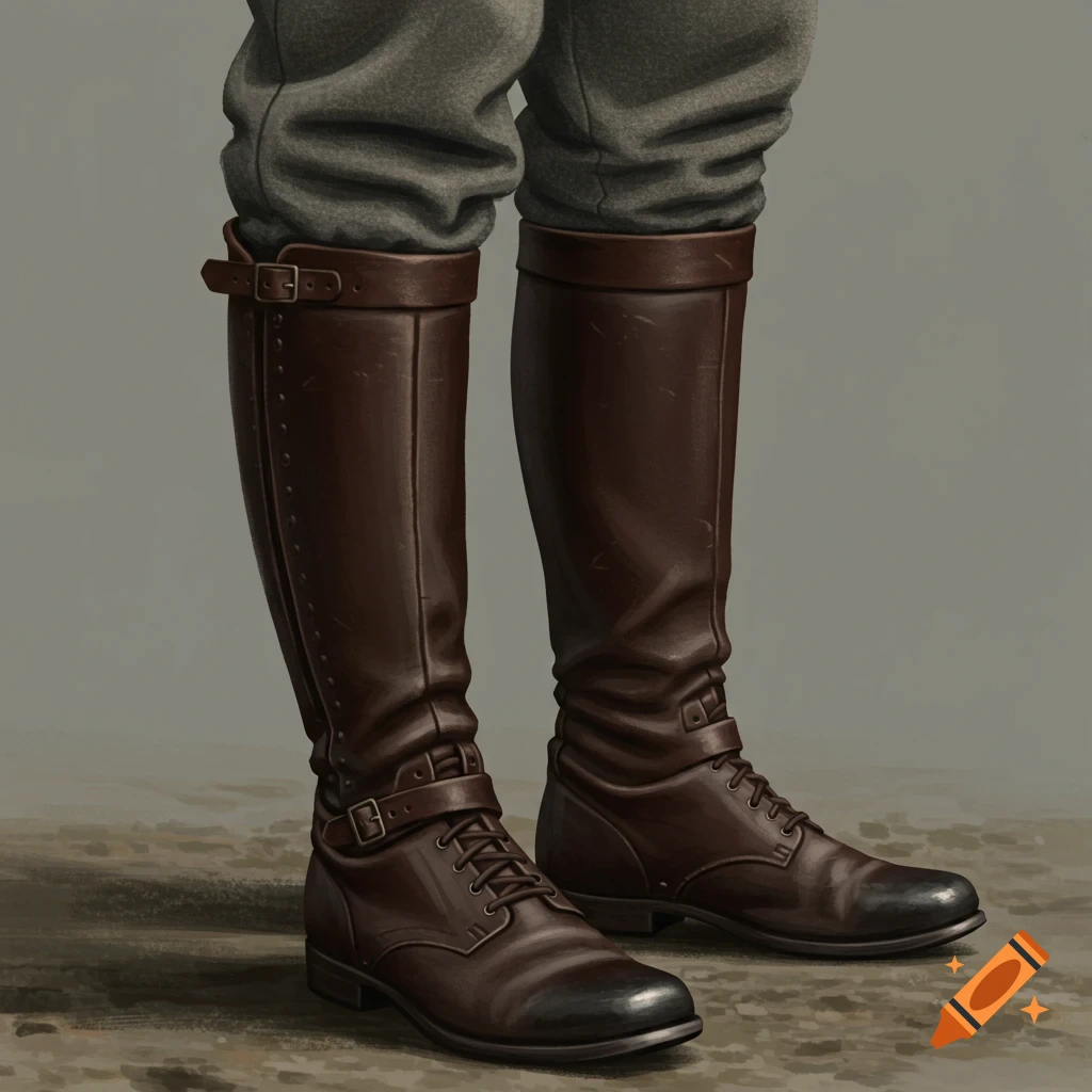 A person's legs in gray pants and tall, dark brown military-style boots with straps and laces, in a realistic digital painting style.
