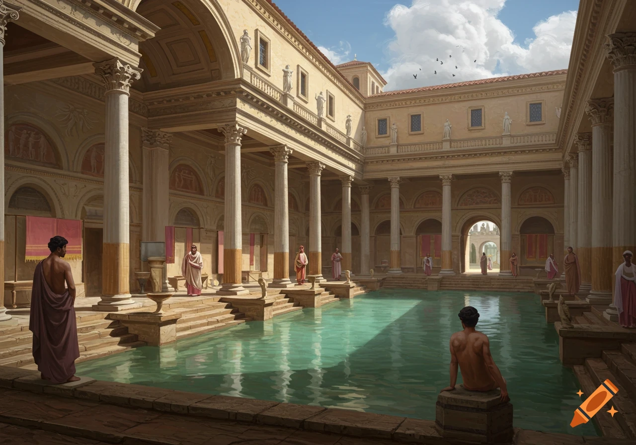 A grand ancient Roman bathhouse courtyard with teal water, surrounded by columns, arches, and people.