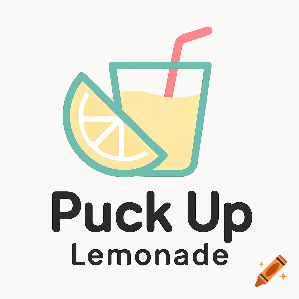 A simple vector-style logo for 'Puck Up Lemonade' featuring a yellow lemon wedge and a glass of lemonade with a pink straw.