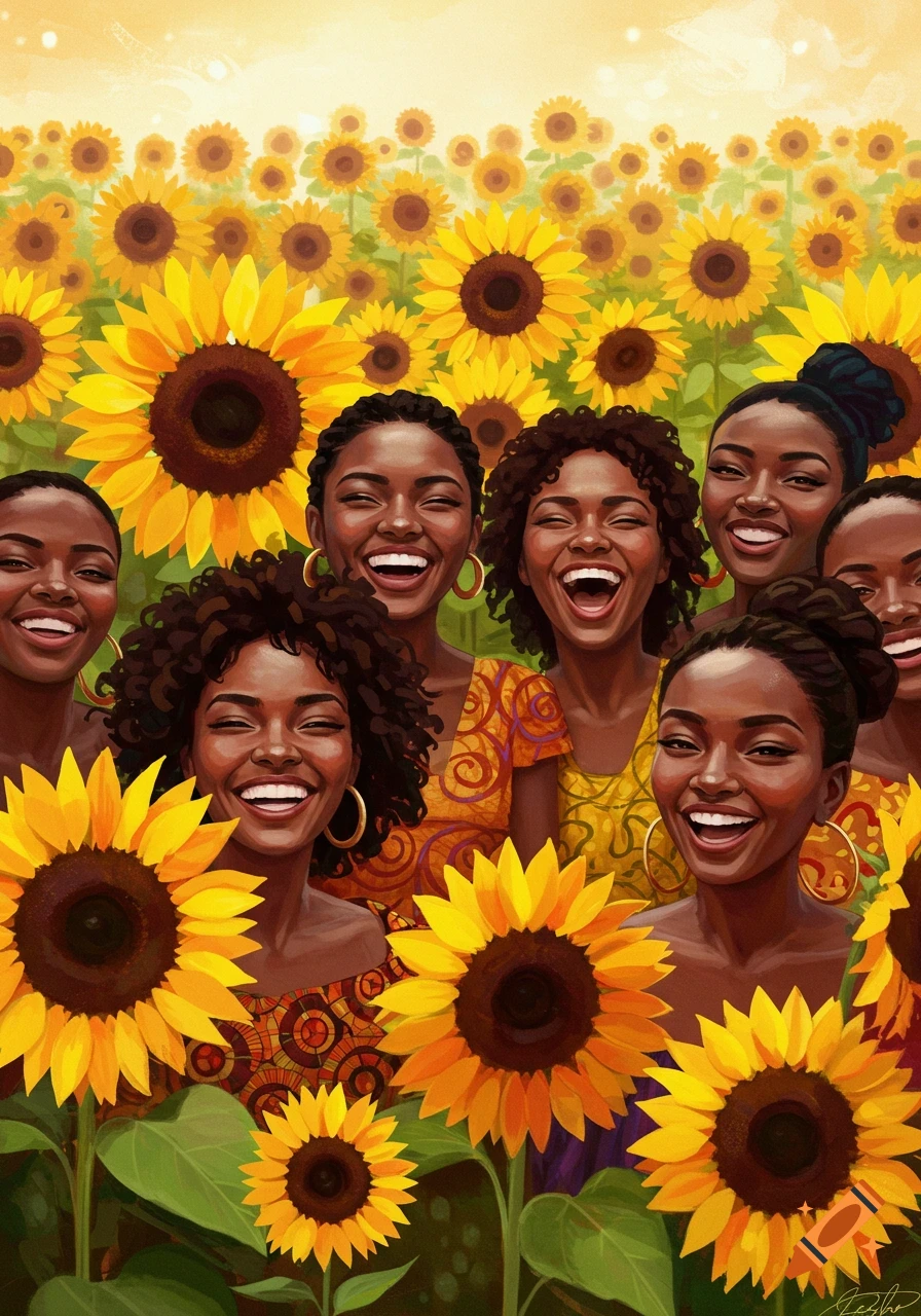 A joyful painting of several Black women laughing and smiling amidst a vibrant field of sunflowers.