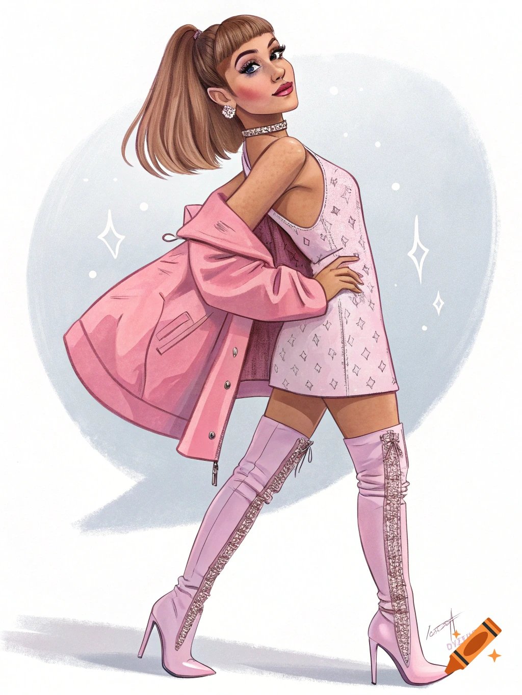Stylized illustration of Ariana Grande in a pink coat, short dress, and thigh-high boots, against a light blue background.