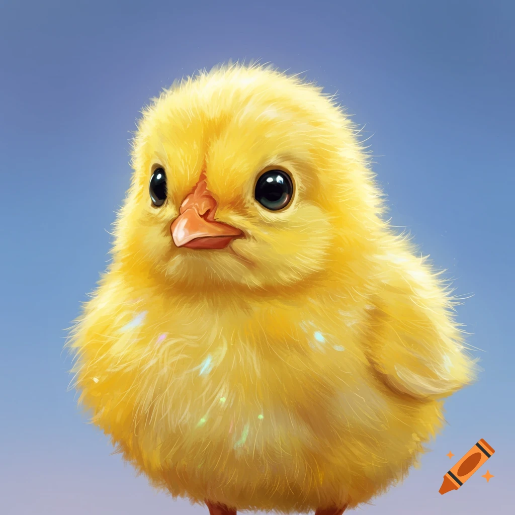 A fluffy yellow baby chick with large black eyes and an orange beak, against a soft blue background, digital art style.