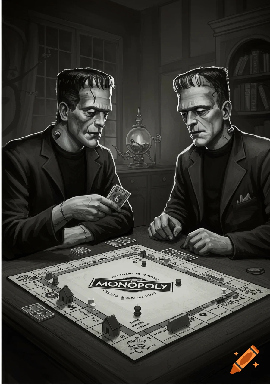 Two Frankenstein's monsters play Monopoly in a dimly lit, black and white room, one holding a card.