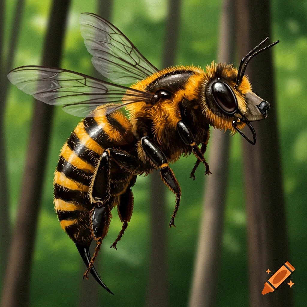 Detailed illustration of a flying bee-bear hybrid with a furry head, bee wings, and a striped abdomen with an upturned stinger in a green forest.