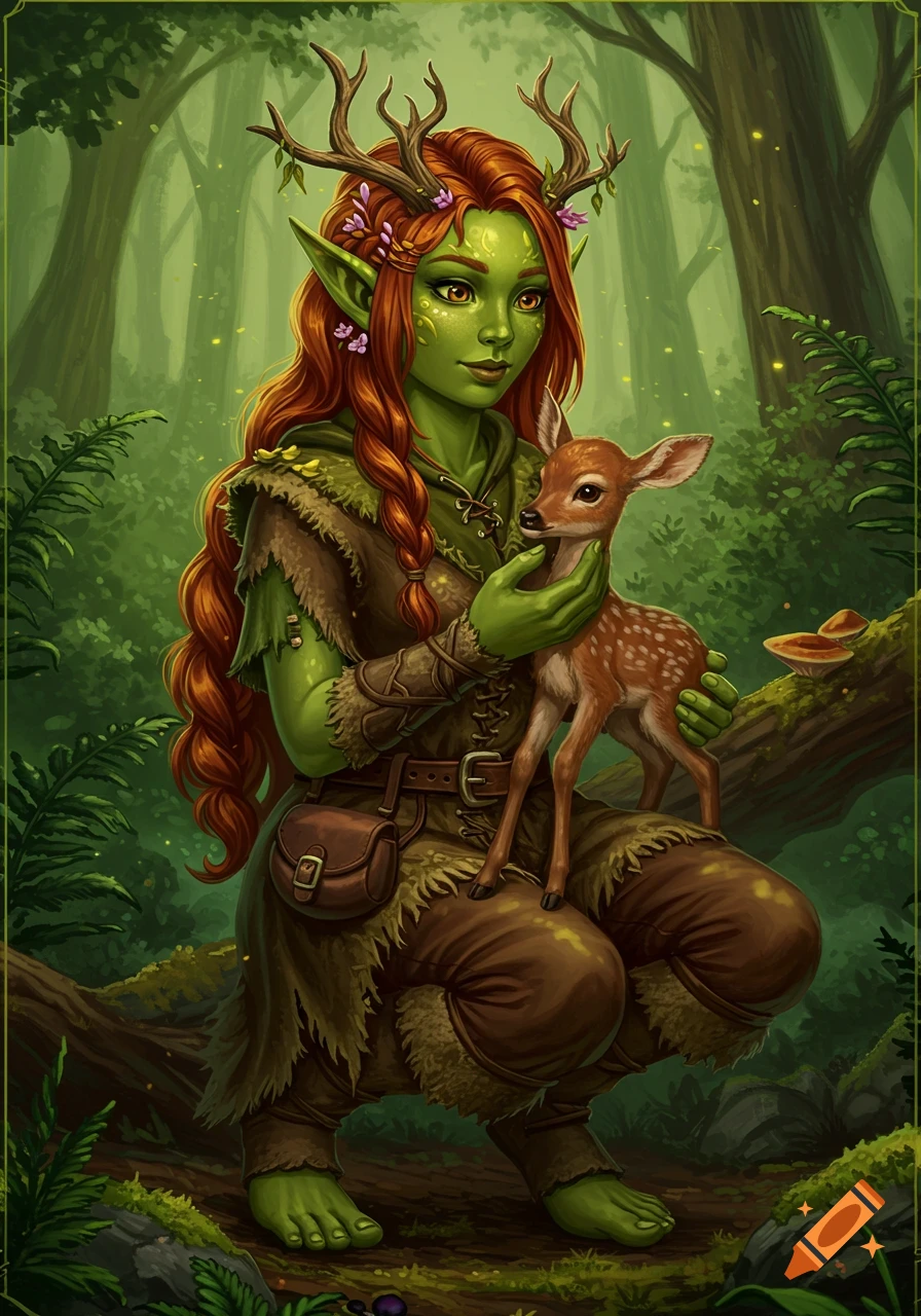 A green-skinned fantasy druid with red hair and antlers crouches in a lush forest, gently holding a small spotted fawn. Detailed illustration.