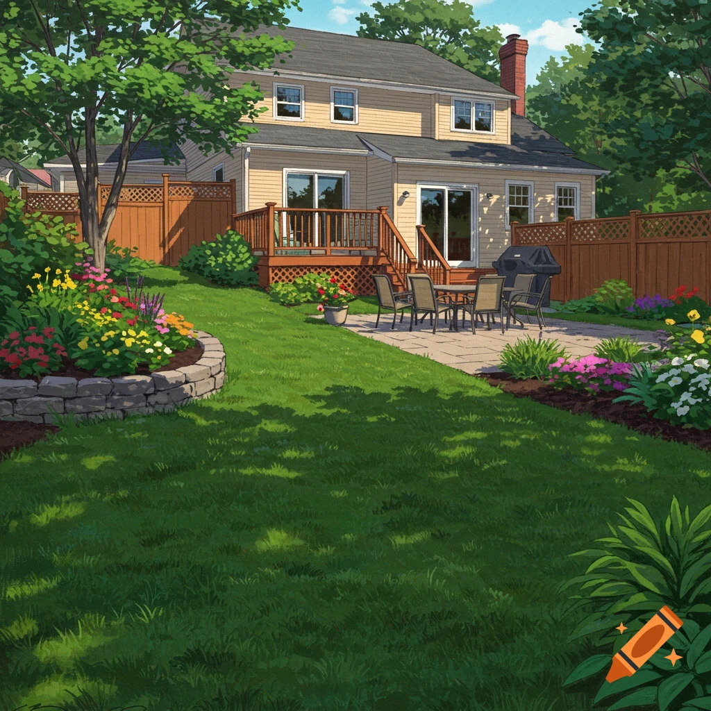 Detailed illustration of a sunny backyard with a two-story house, wooden deck, patio with outdoor furniture, and colorful flower beds.
