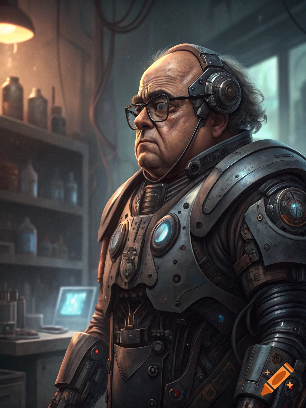 A man resembling Danny Devito in intricate cyborg armor with headphones, looking serious in a dimly lit, cluttered sci-fi lab.