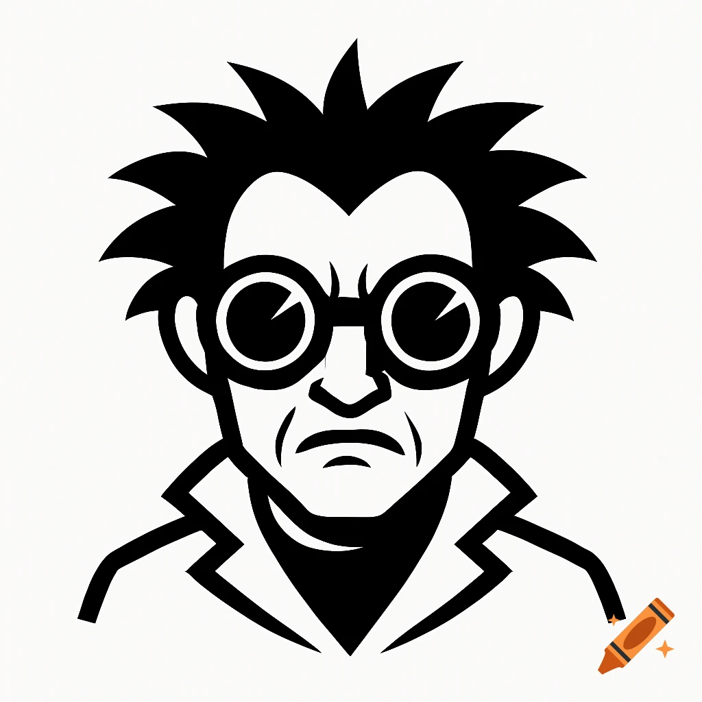 A black and white vector logo of a mad scientist with spiky hair and large round goggles.