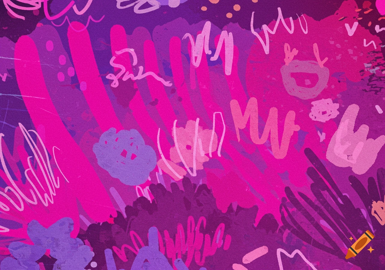 Abstract background with vibrant pink and purple scribbled lines and shapes, digital art style.