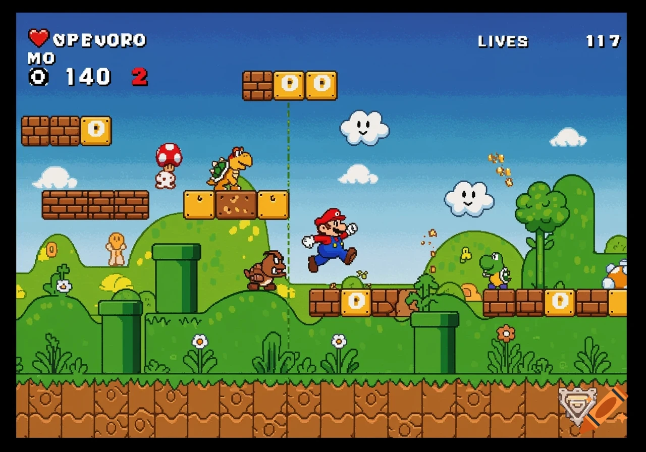 Pixel art Super Mario World gameplay showing Mario jumping on a 2D platform, with Goomba, Koopa Troopa, and blocks on a green landscape.