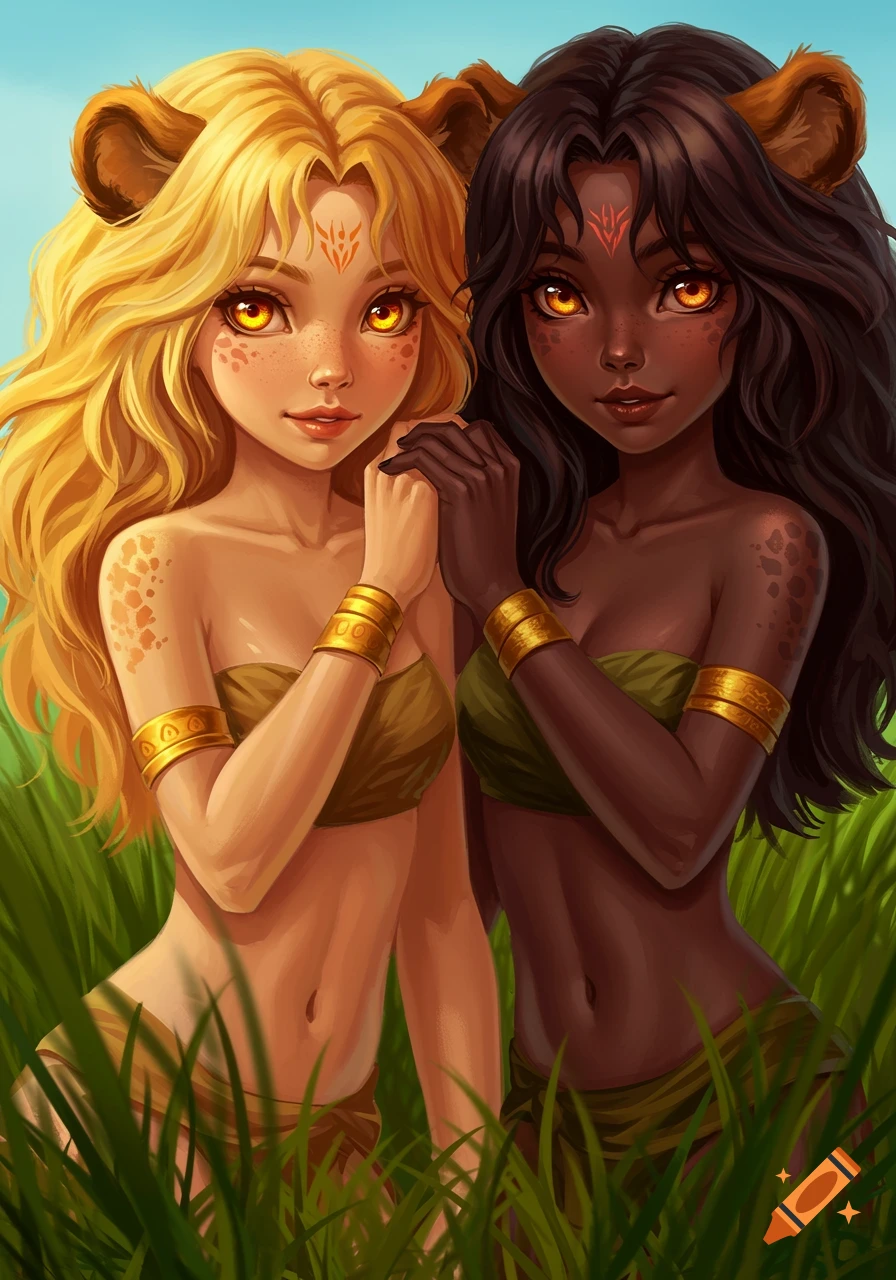 Digital illustration of two fantasy girls with lion features, one blonde and one brunette, in green wraps in tall grass.