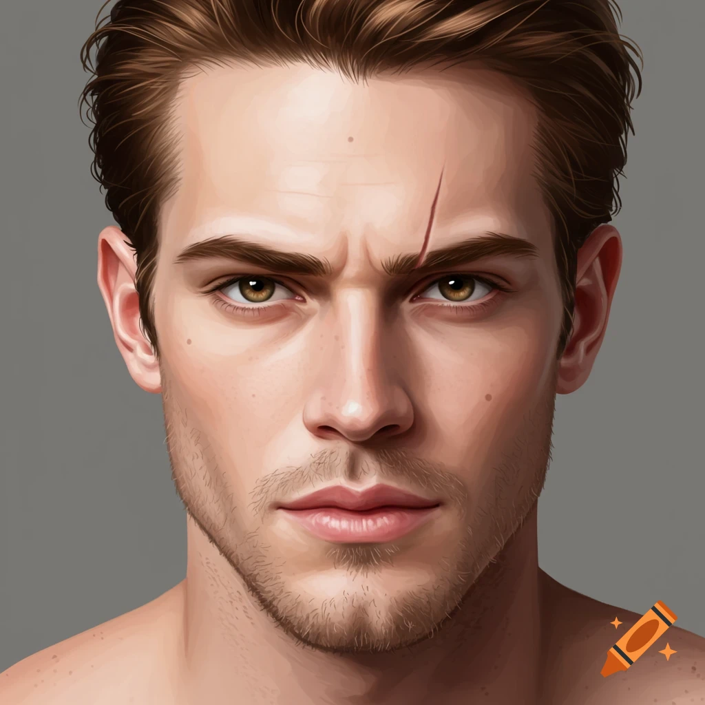Close-up portrait of a masculine man with brown hair, brown eyes, a sharp jawline, and a scar on his forehead, looking intently at the viewer.