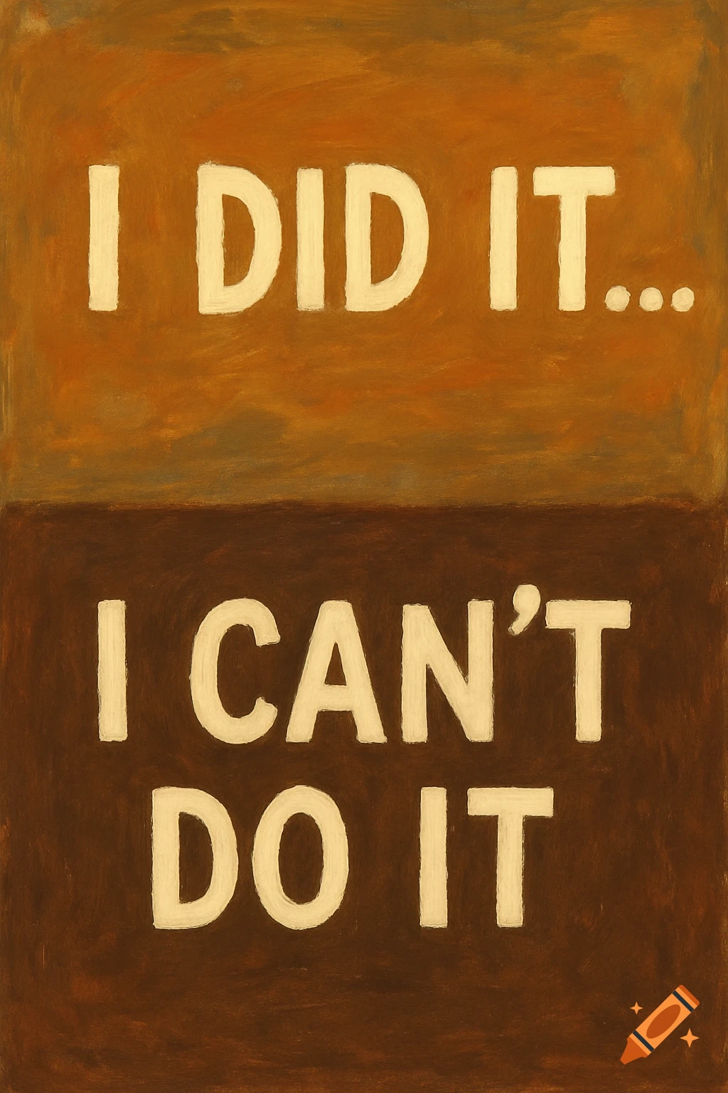 An abstract painting divided horizontally, with 'I DID IT...' on a light brown top and 'I CAN'T DO IT' on a dark brown bottom.