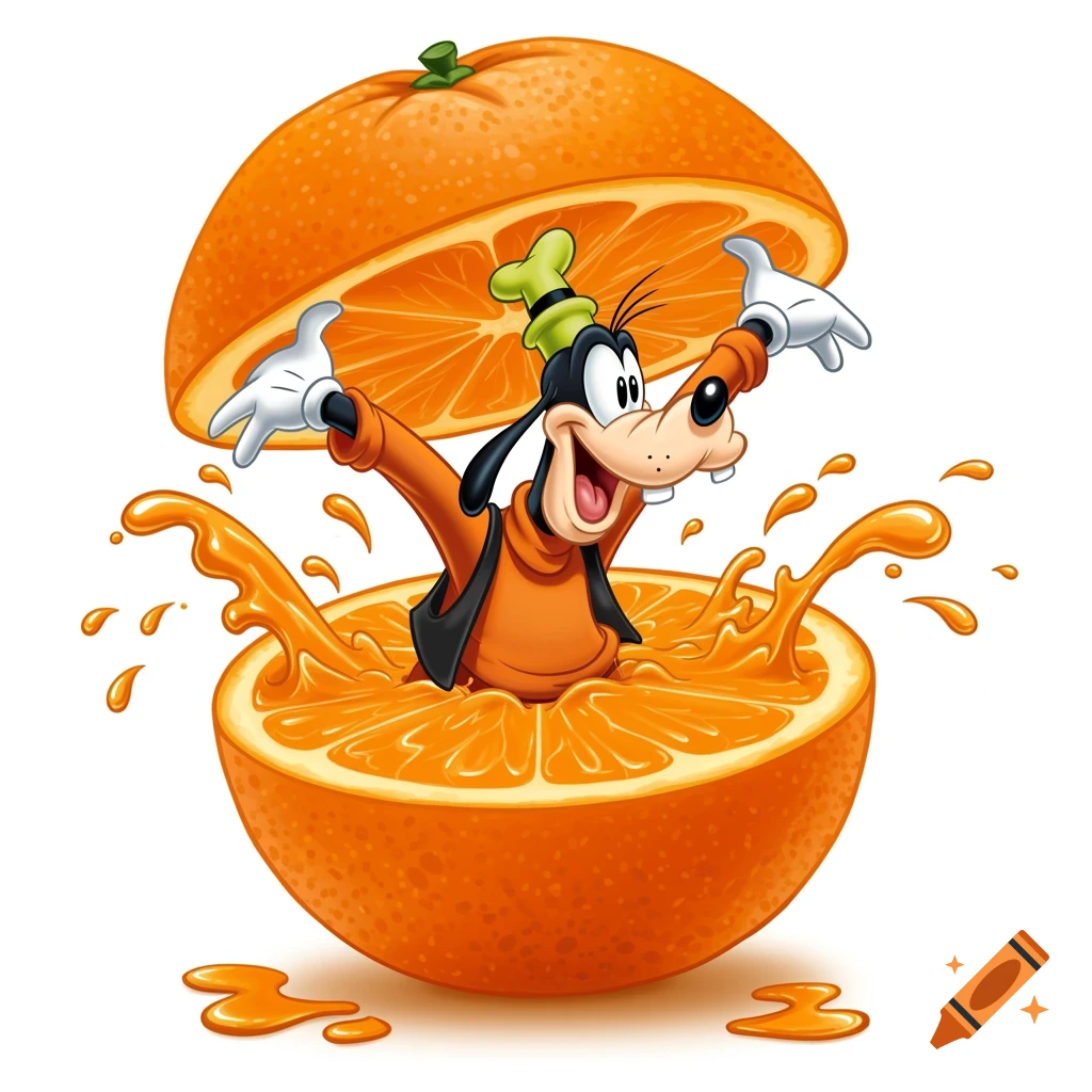 A cheerful Goofy splashes out of a halved orange, with juice splattering around him, on a white background.