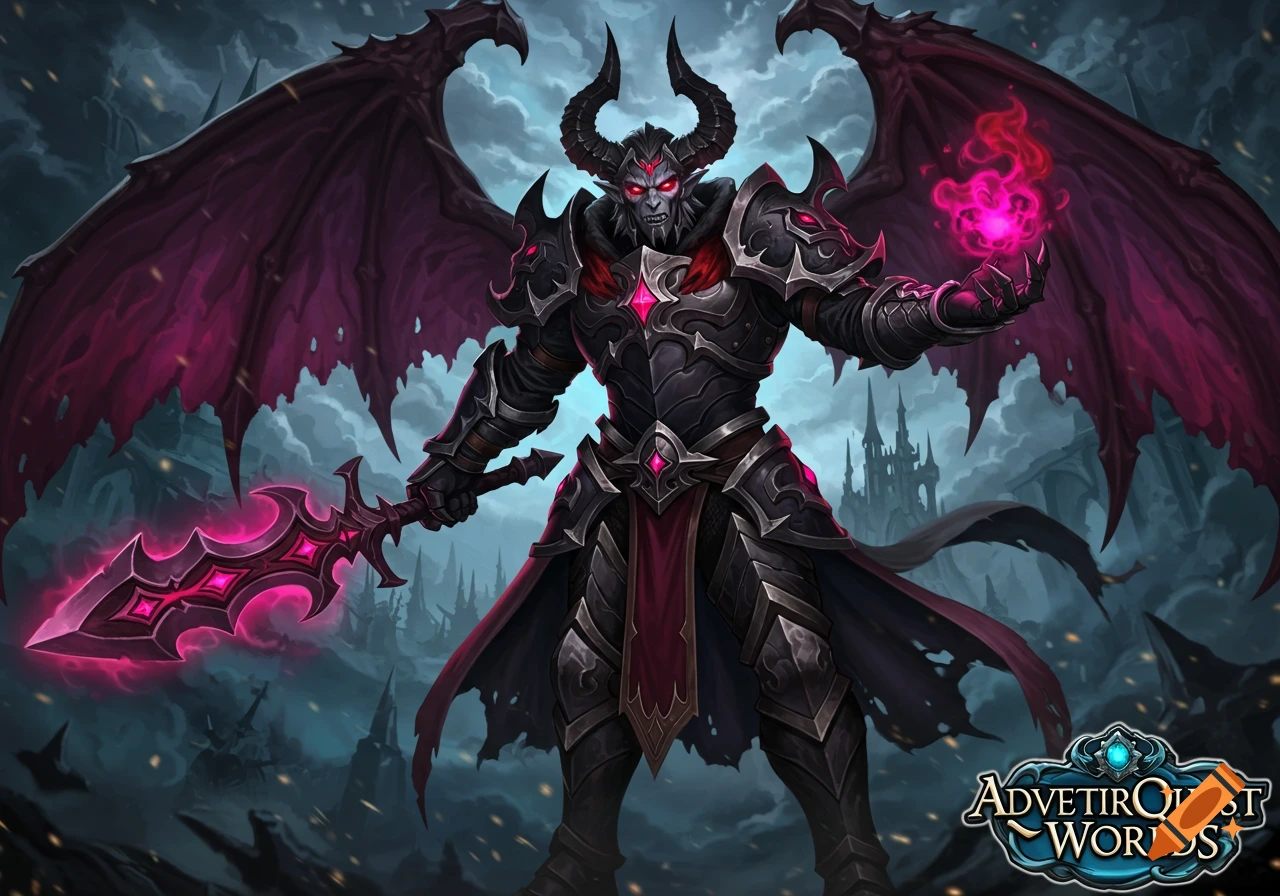 A demonic character in black and pink armor, with horns and large wings, holds a glowing pink sword and a pink magic orb against a dark, stormy gothic background.