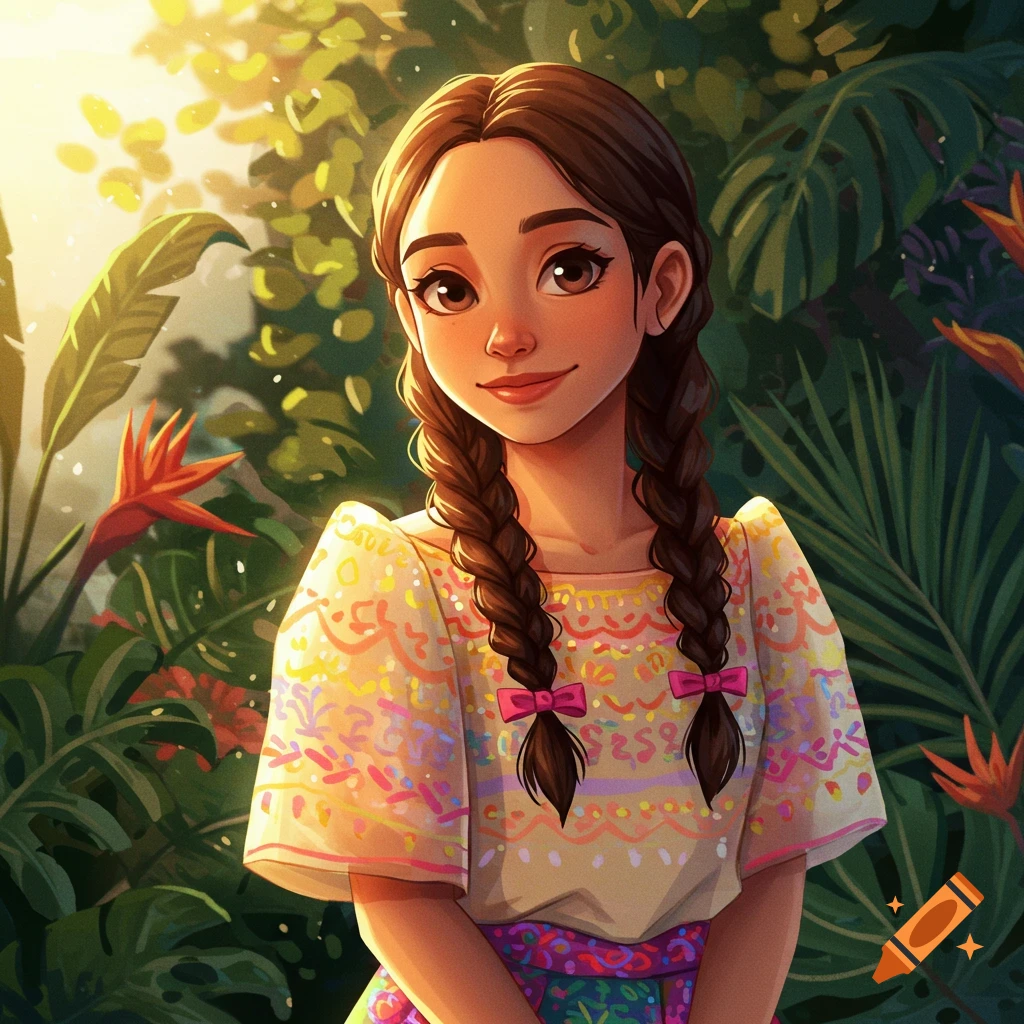 A cartoon portrait of a smiling girl with braided hair and a colorful patterned shirt, standing in a lush tropical garden with sunlight filtering through leaves.