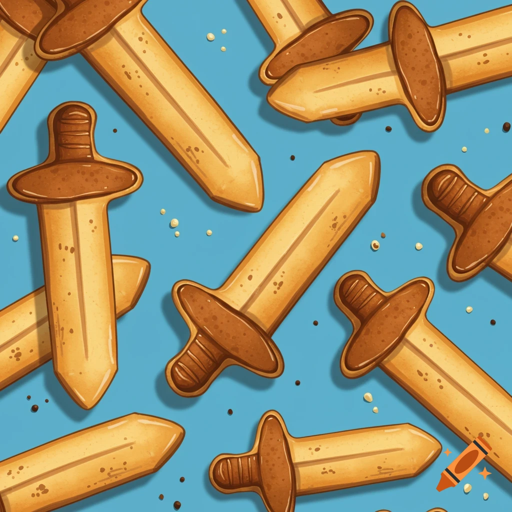 Sword-shaped gingerbread cookies scattered on a blue background with sprinkles.