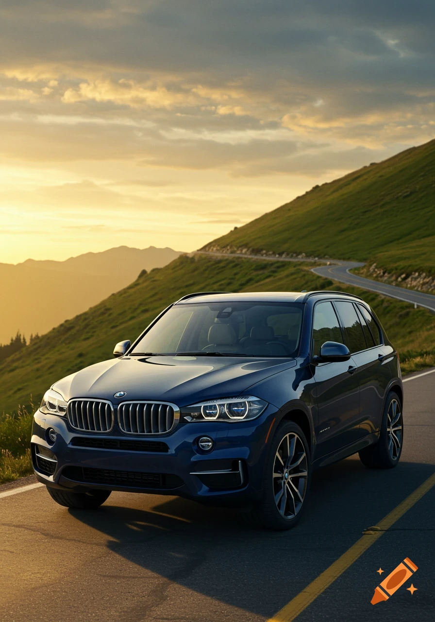 A blue BMW X5 SUV parked on a winding mountain road with a golden sunset in the background.