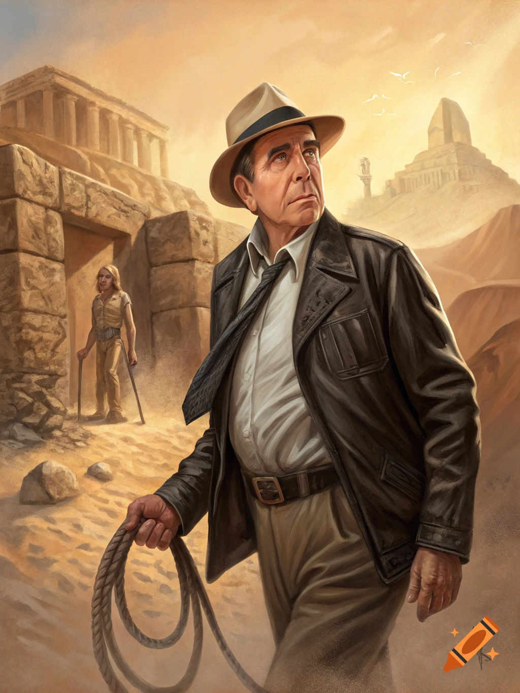 A man resembling Indiana Jones in a fedora and leather jacket holds a rope in a desert with ancient ruins, illustrated.