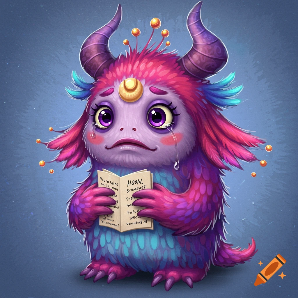 A cute, furry pink, purple, and blue monster with horns and large eyes cries while holding a small book.