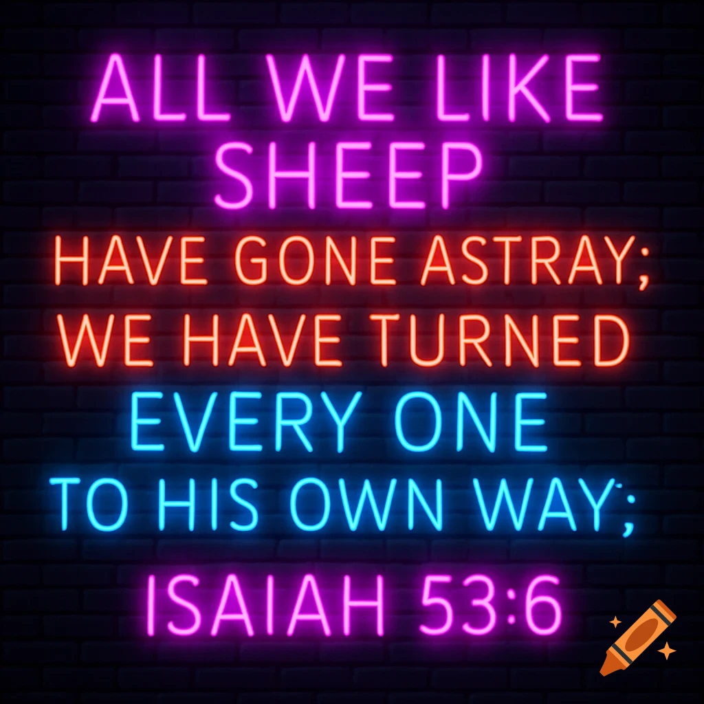 Neon sign displaying the Bible verse Isaiah 53:6 on a black brick wall.