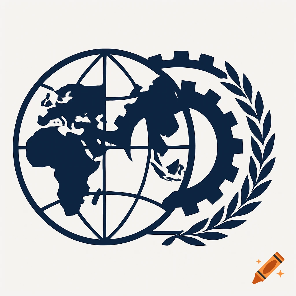 A dark blue logo featuring a globe, a large gear, and a laurel wreath on a light background.