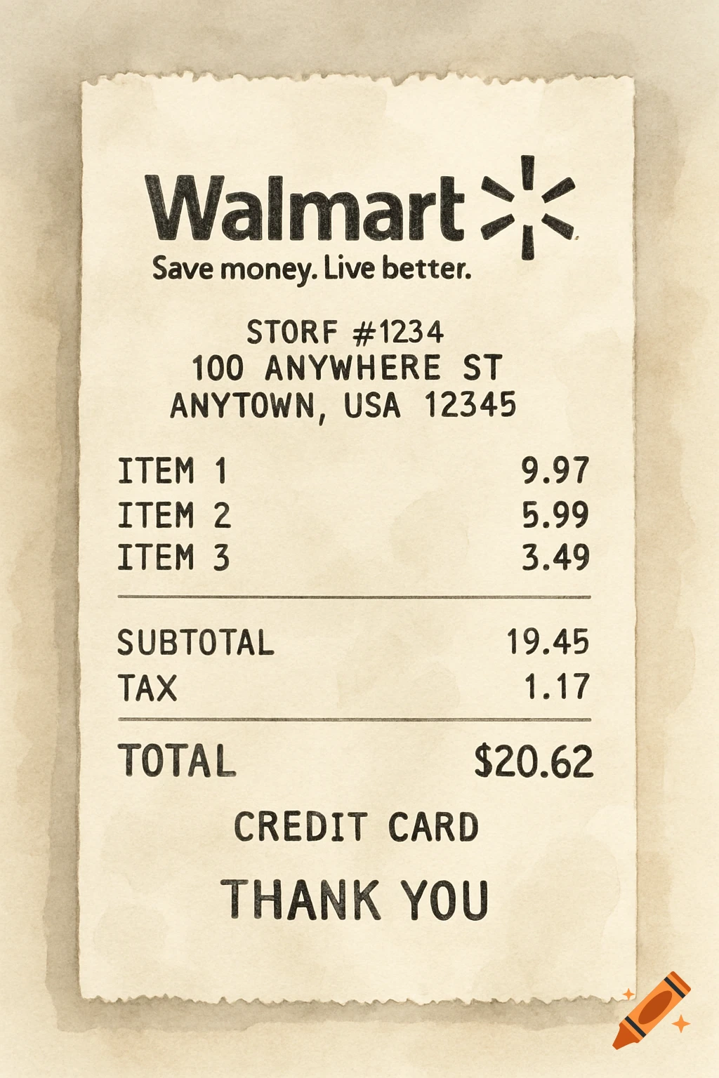 A close-up of a printed Walmart receipt with purchase details and total, on a textured background.