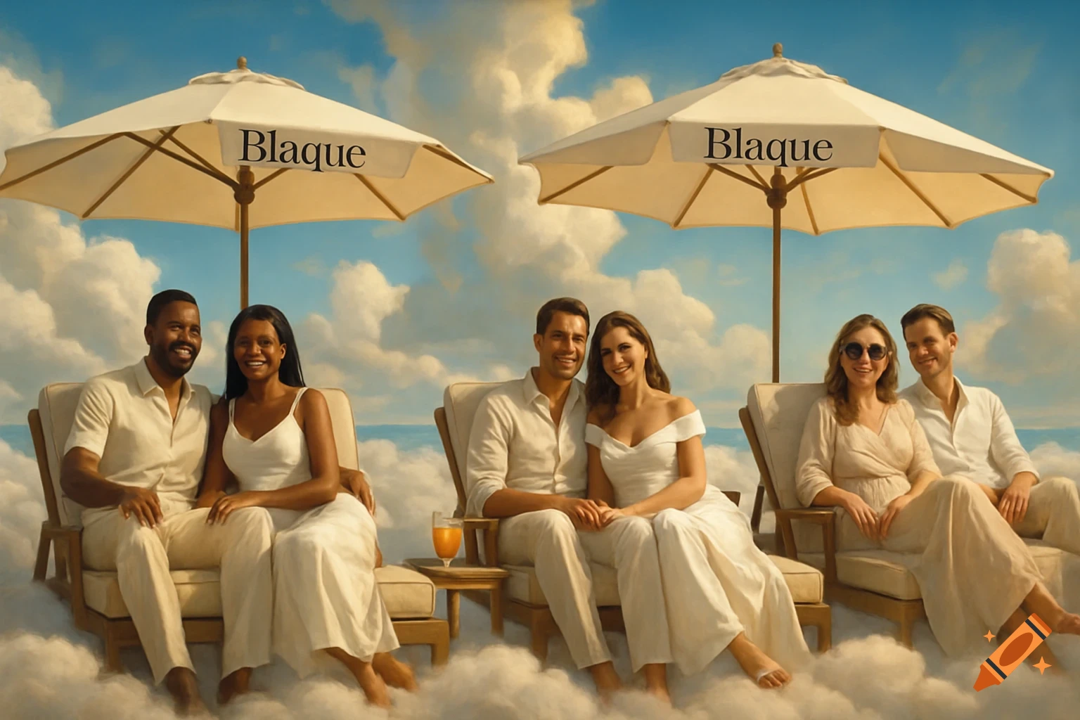Three diverse couples lounge on beach chairs amidst fluffy clouds under umbrellas with 'Blaque' written on them, with an ocean horizon.