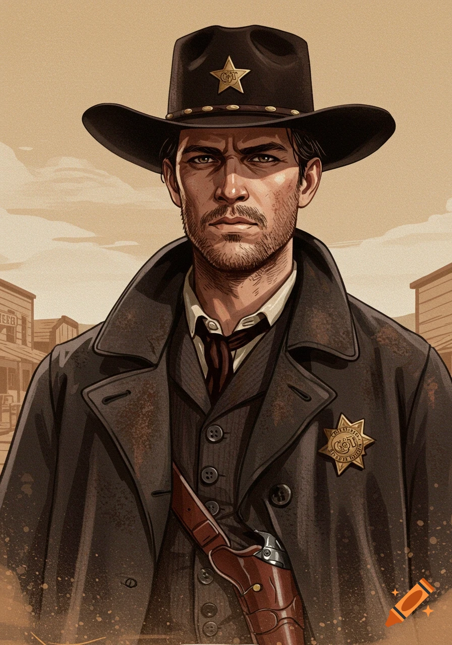 A serious young 1880s lawman in a duster coat and cowboy hat, with a sheriff's badge, in a Western town. Comic book style.