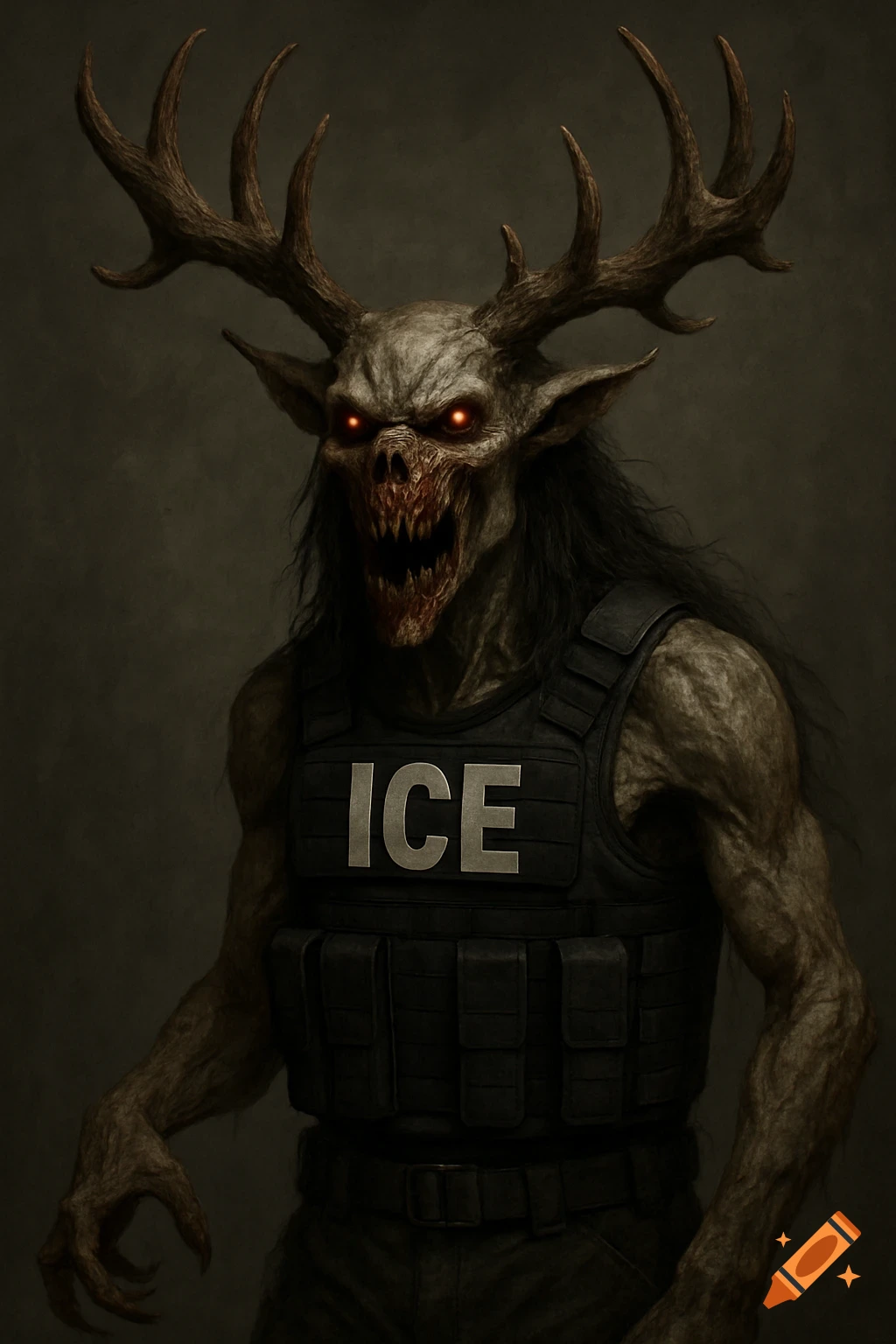 A horrifying wendigo creature with antlers, glowing red eyes, sharp fangs, and long dark hair, wearing a black bulletproof vest with 'ICE' on it.