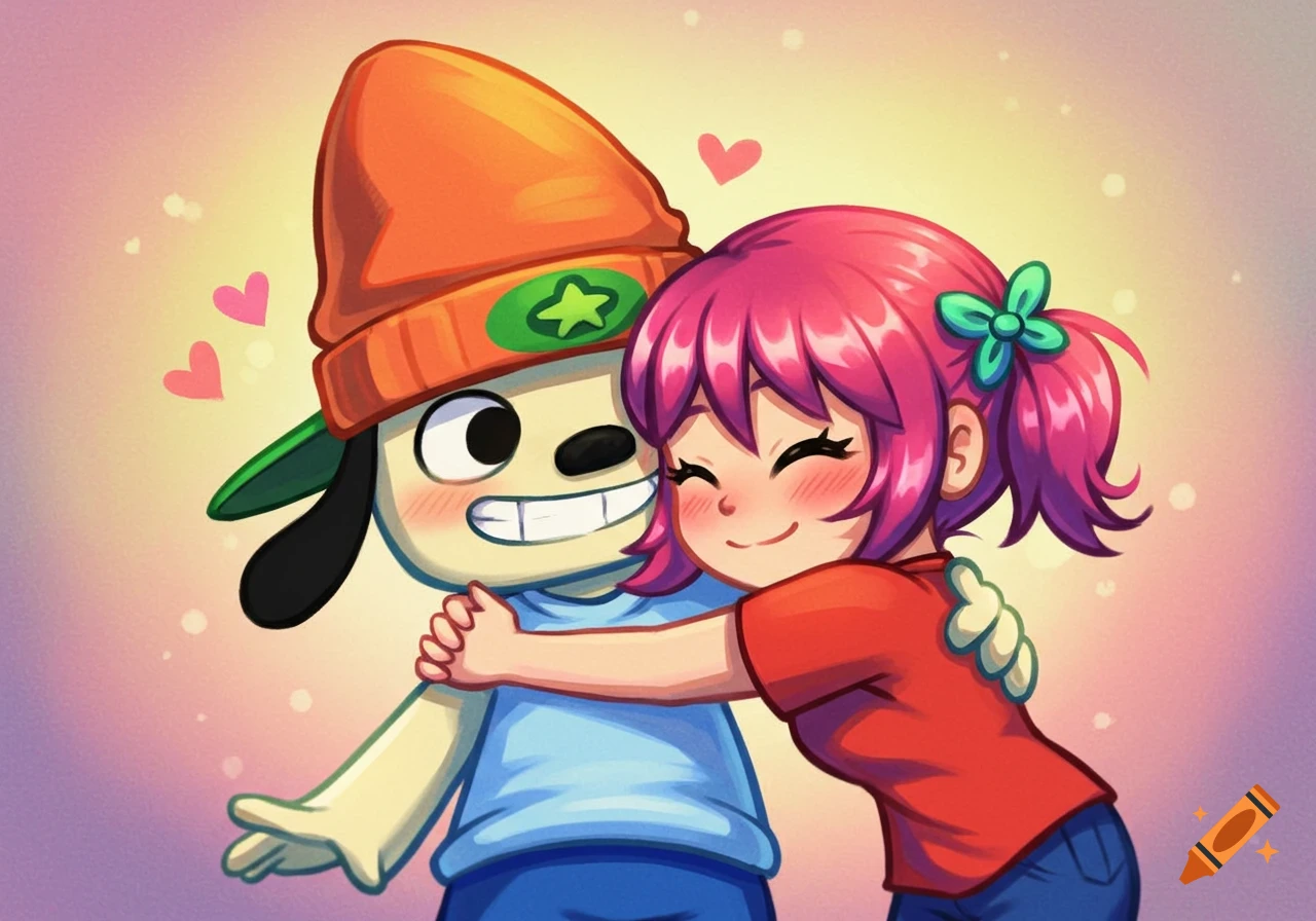 Parappa the Rapper and Um Jammer Lammy embracing affectionately in a colorful cartoon style.