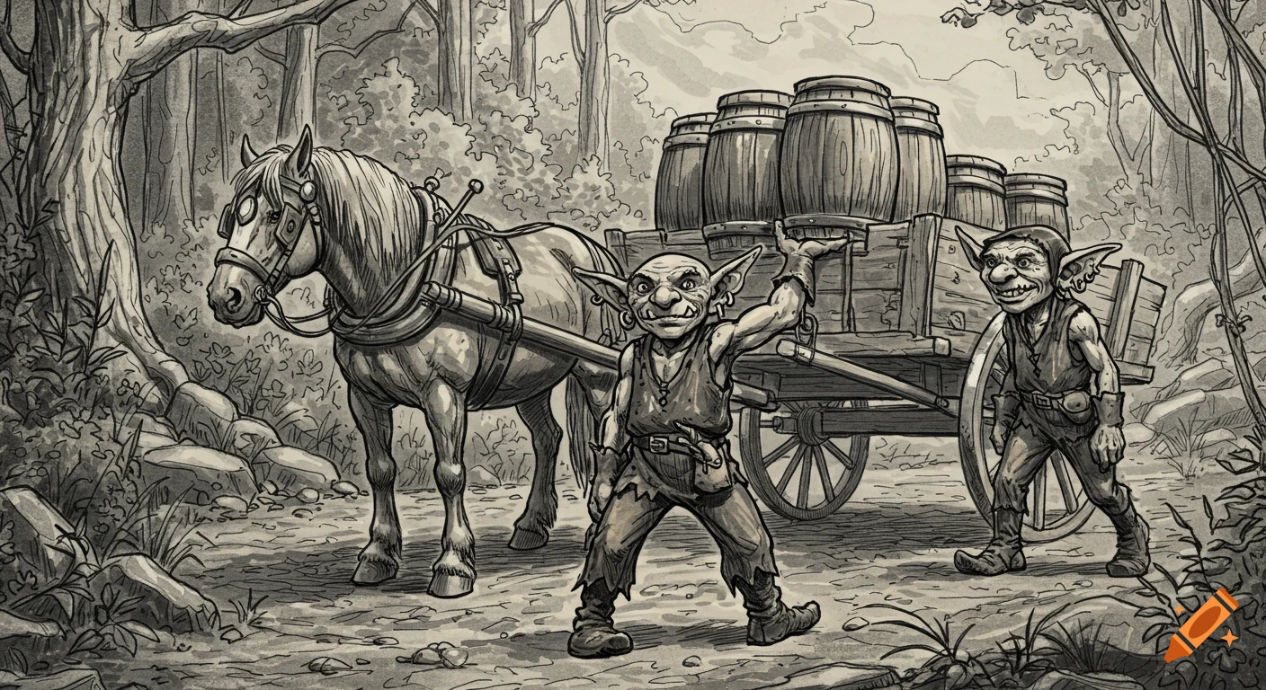 Black and white sketch of two goblins loading barrels onto a horse-drawn cart in a forest.