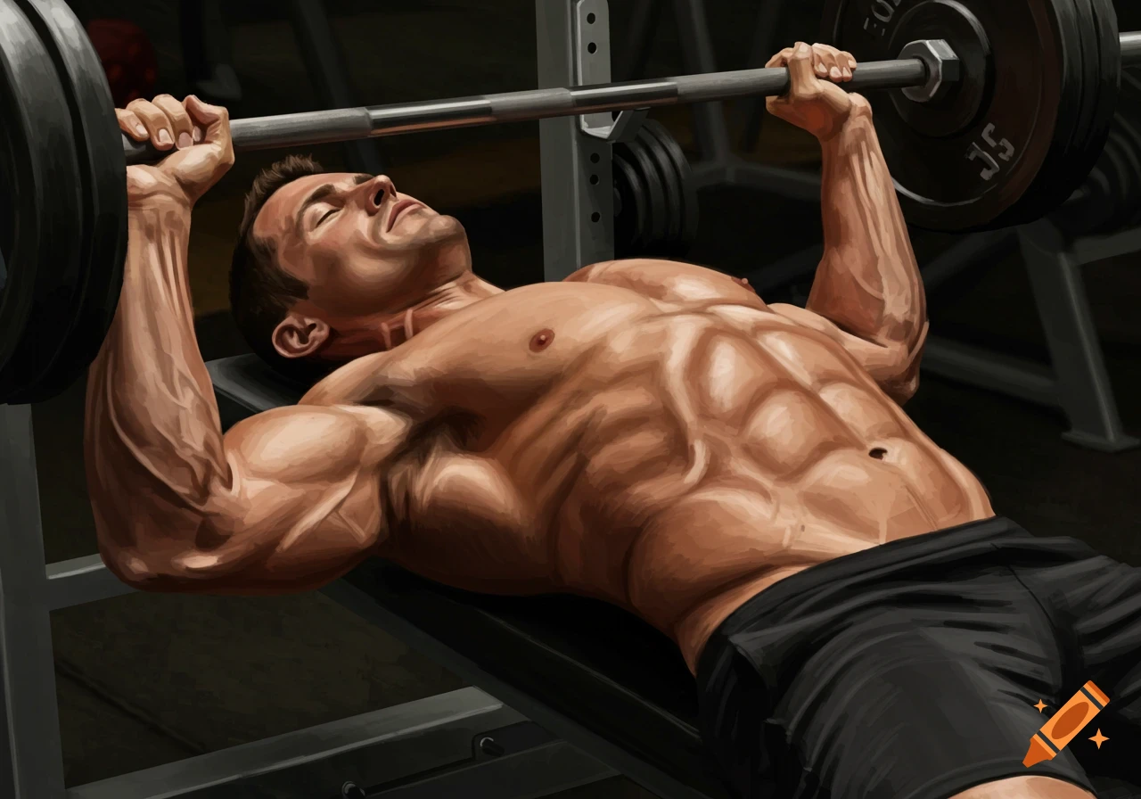 A muscular man performing decline bench press with a barbell in a gym, in a stylized illustration.