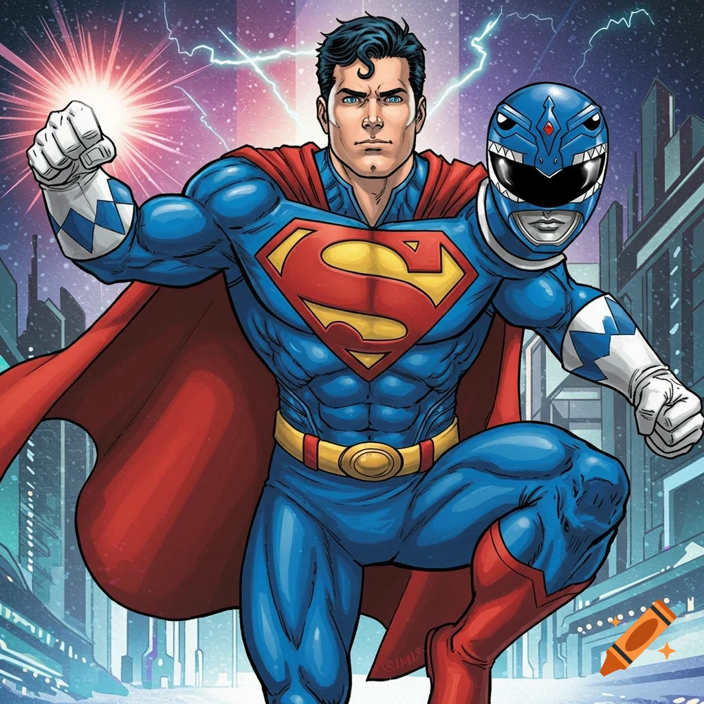 A comic book style image of a superhero character, half Superman and half Blue Power Ranger, in a city at night.