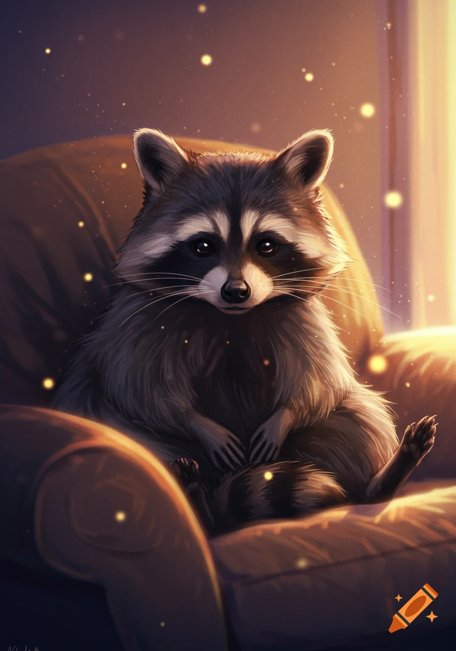 A fluffy raccoon sits on a cozy armchair, bathed in warm, golden light with sparkling particles floating around.