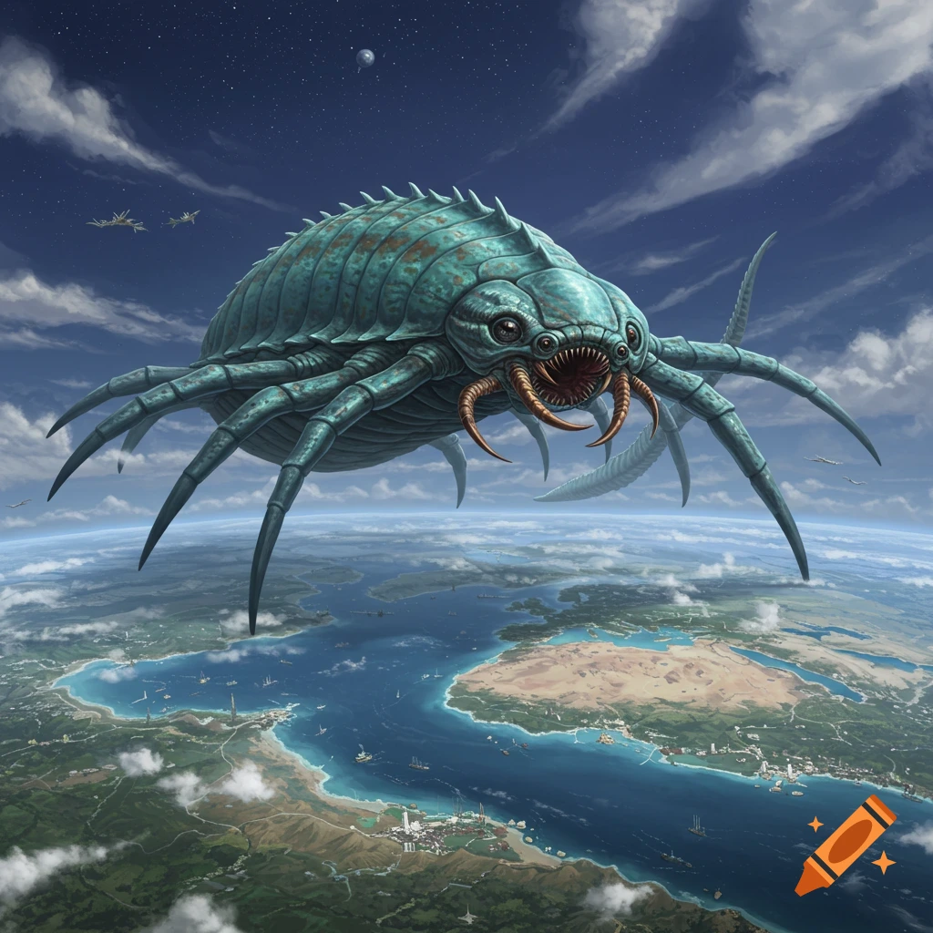 A gigantic, blue-green, spiny creature with multiple legs and a menacing mouth flies high in a cloudy, star-filled sky above an Earth-like planet.
