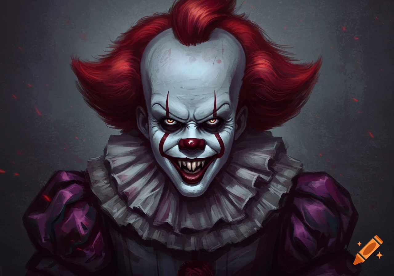 A sinister clown with white face paint, bright red hair, and a wide, menacing smile wearing a ruffled collar. Digital illustration.