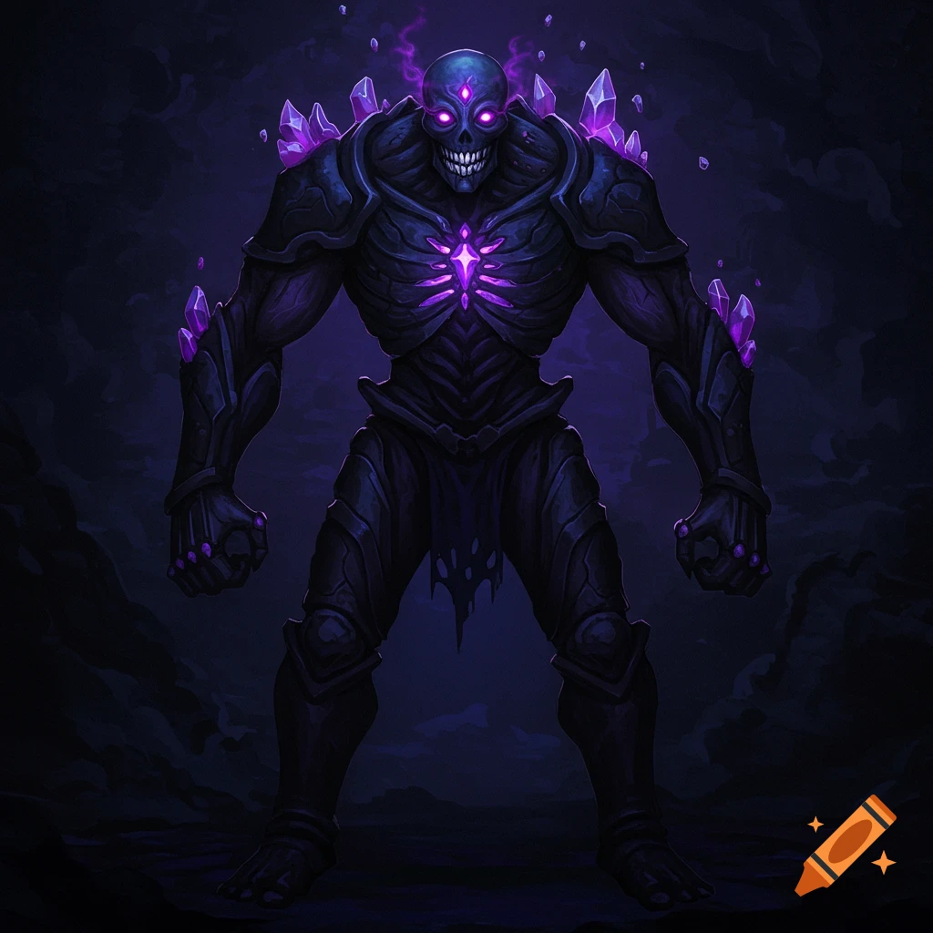 A dark, skeletal monster with glowing purple eyes and chest stands menacingly in a shadowy environment.