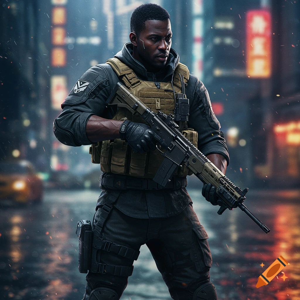 A man in tactical gear holding a rifle stands in a rainy, neon-lit urban street, in a photorealistic style.