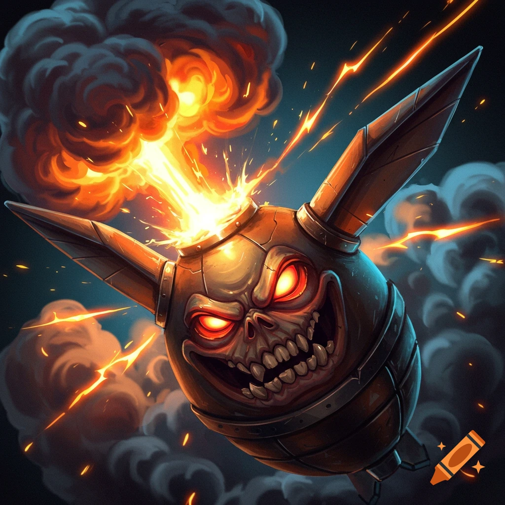 A monstrous, skull-faced bomb with glowing red eyes launches upward, trailing fire and smoke from its top amidst an explosion.