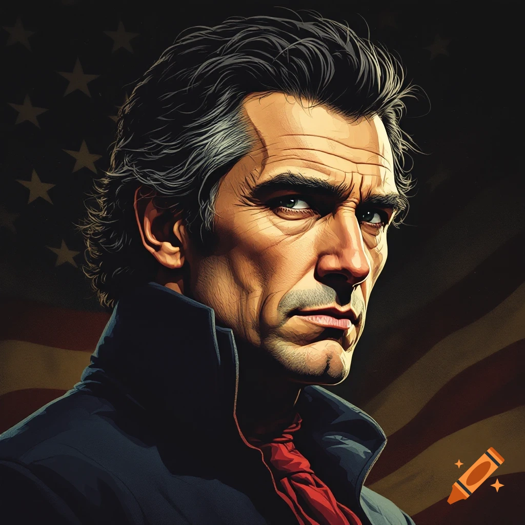 A stylized portrait of a man with dark hair and a red cravat, with an intense gaze, set against a dark American flag background.