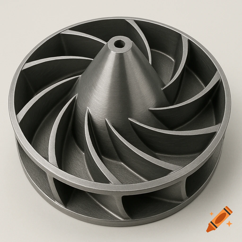 A detailed, photorealistic image of a metallic radial flow conical impeller with curved vanes.