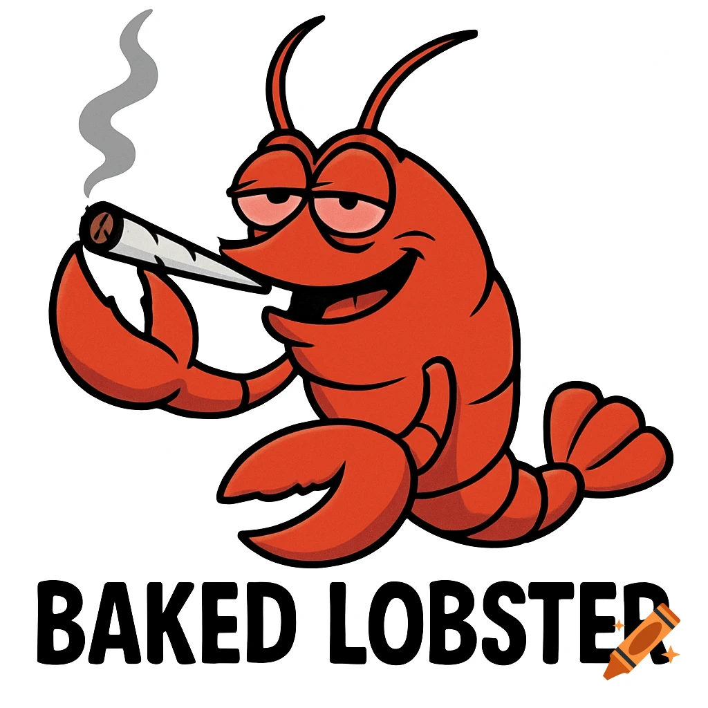 Cartoon lobster with red eyes smoking a joint with the text 'BAKED LOBSTER' below it.
