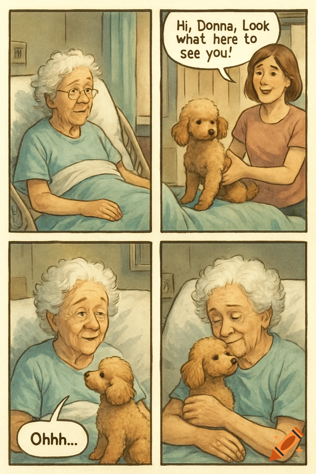 A four-panel comic strip showing an elderly woman named Donna in a hospital bed being visited by a woman who brings a small poodle. Donna reacts with joy and hugs the dog.