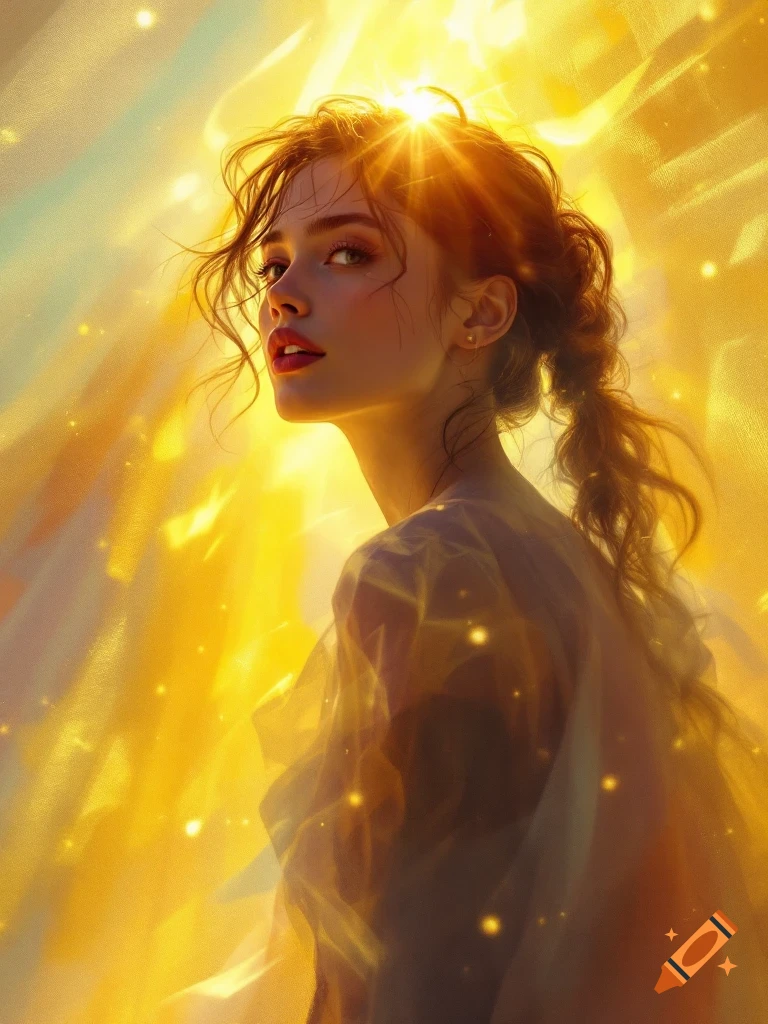 A woman with red hair gazes over her shoulder, bathed in intense golden light with sparkling effects.