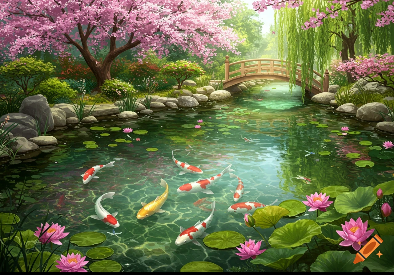 A vibrant digital painting of a tranquil Japanese garden with a koi pond, cherry blossoms, a wooden bridge, and swimming koi fish.