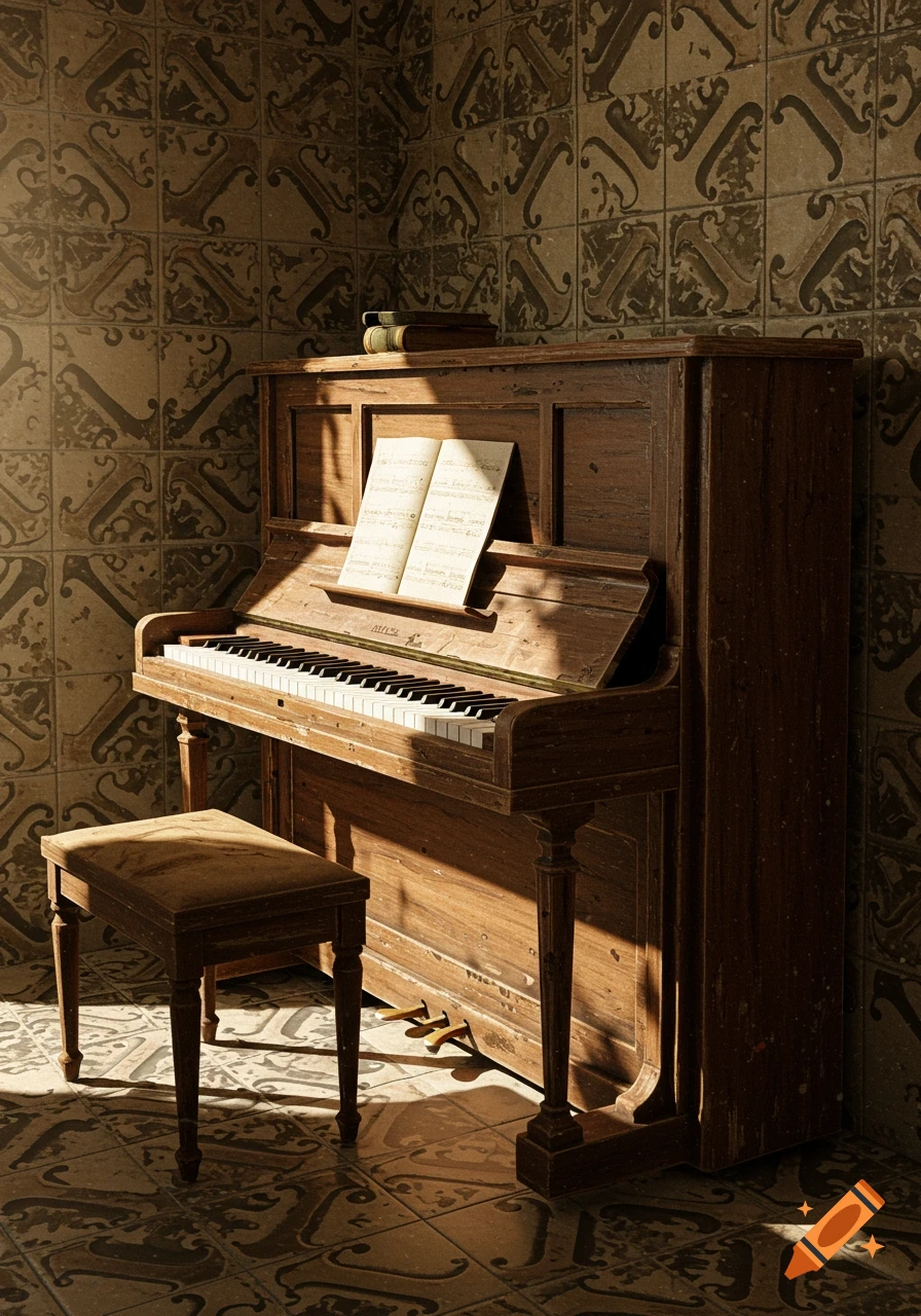 A rustic wooden upright piano with a music book on its stand and a matching stool in a room with patterned tiles, lit by sunlight.