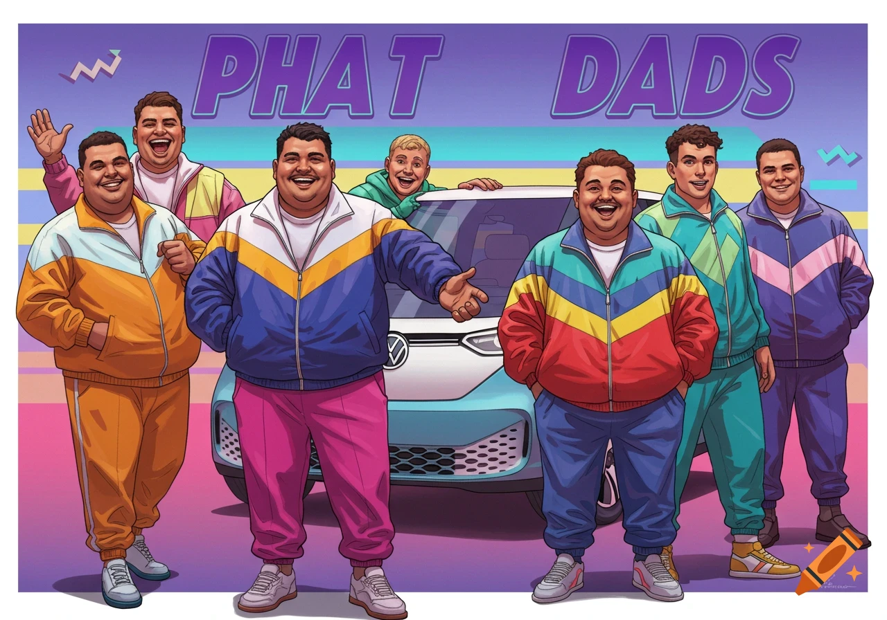 Seven smiling men in colorful 80s tracksuits pose with a light blue car in a vibrant cartoon style.