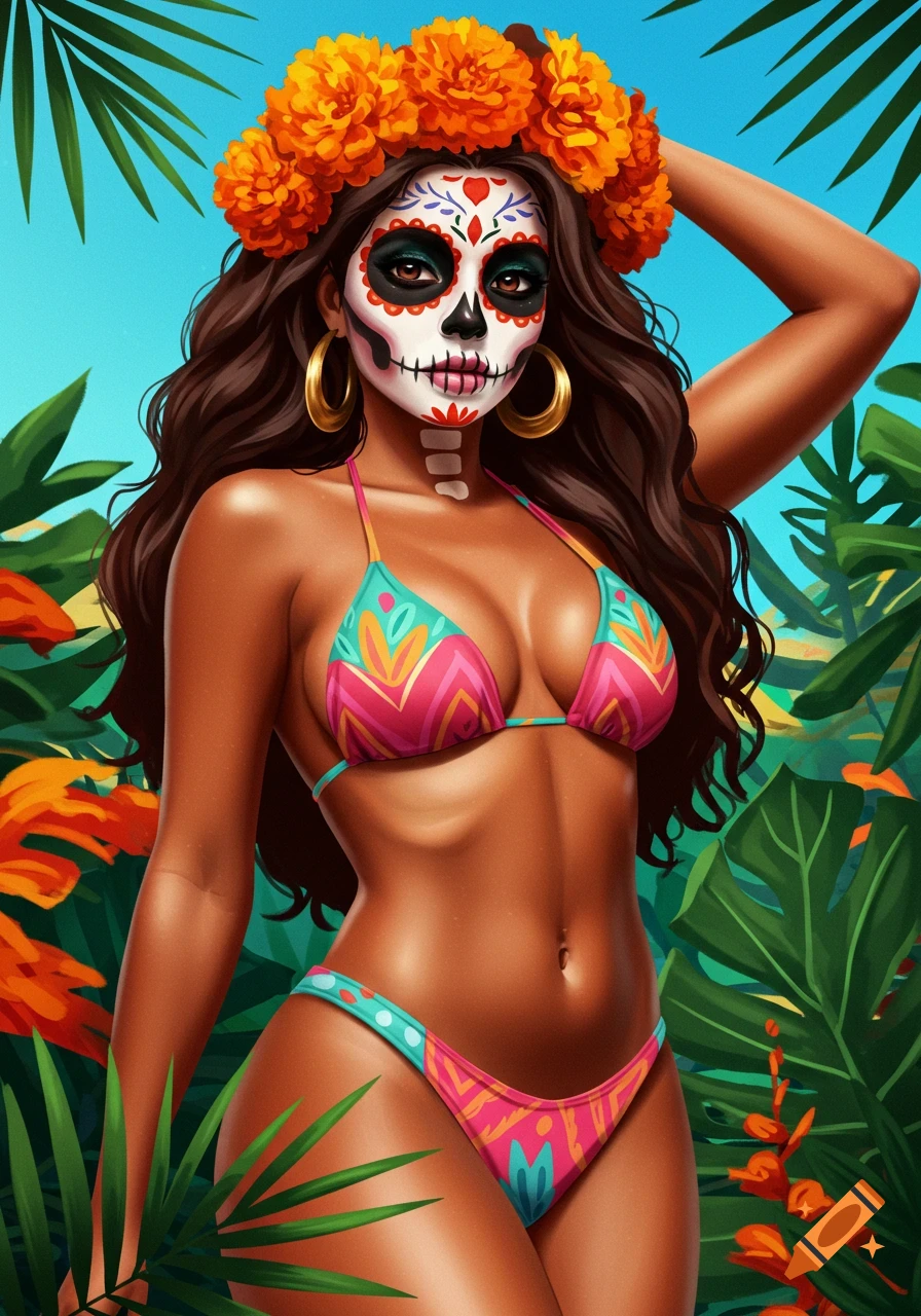 Vibrant illustration of a woman with Day of the Dead sugar skull makeup, orange marigold crown, and a colorful bikini amidst tropical plants.